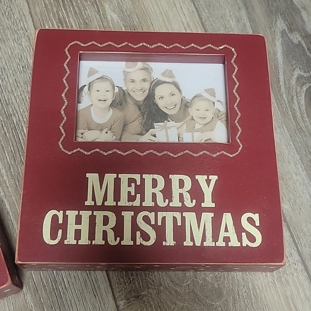 NWOT Two Red Wooden Merry Christmas Frames Gold Glitter
